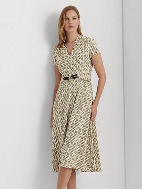 Lauren Ralph Lauren Equestrian-Print Georgette Dress Size 2 Bit Bridle Old Money